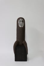Bystander, 2024, handbuilt stoneware, lithographic deco, ceramic pigments, glaze, h.37x16x26cm.,