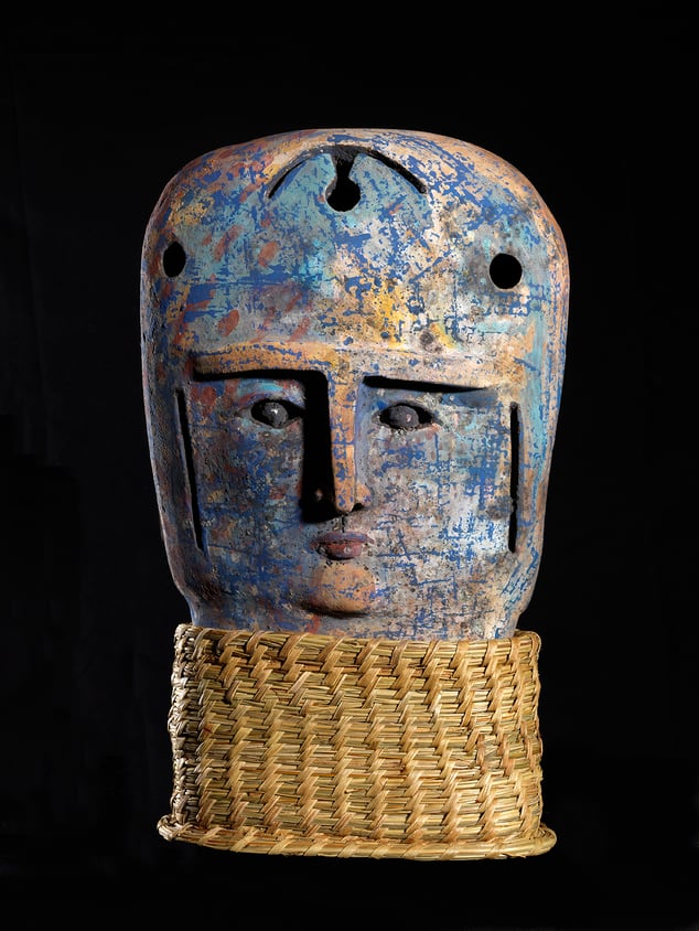 L'observateur De La Terre ,49x29x14cm,terre Cuite,cuisson Bois,tissue Phormium Tenax.