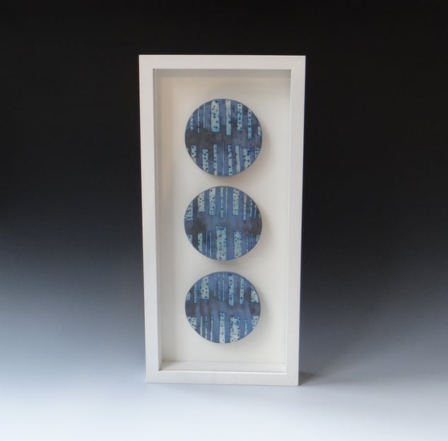 P B25 W4 Framed Triptych Dark Blue Discs, 2025, 56x26,5x5,5cm., Stoneware, Terra Delft